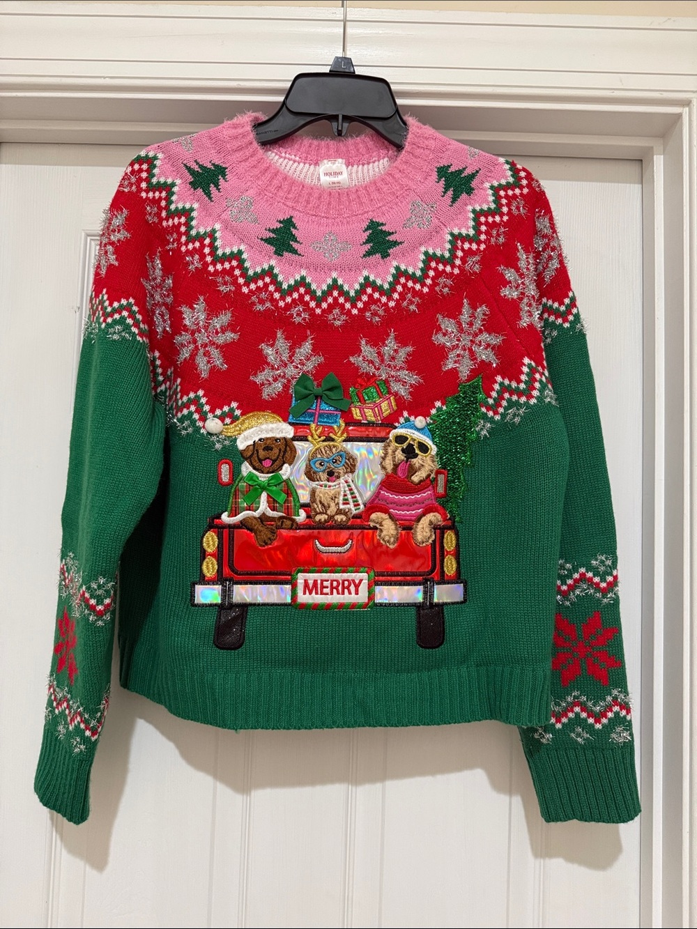Holiday Time Green, Red & Pink 'Merry Truck' Crewneck Sweater